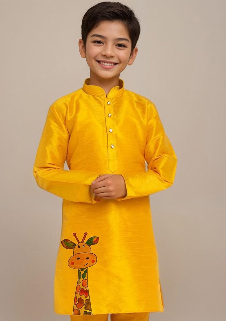 Yellow Printed Silk Kurta Set For Boys - Indya