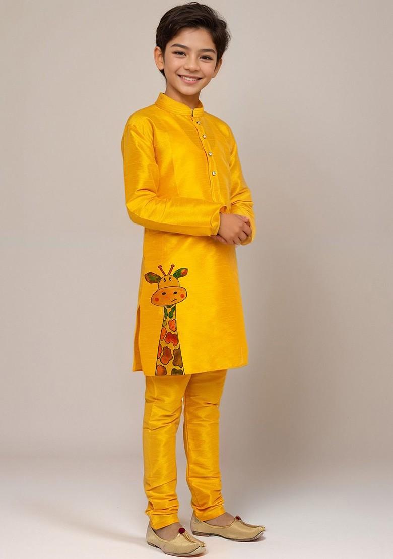 Yellow Printed Silk Kurta Set For Boys - Indya