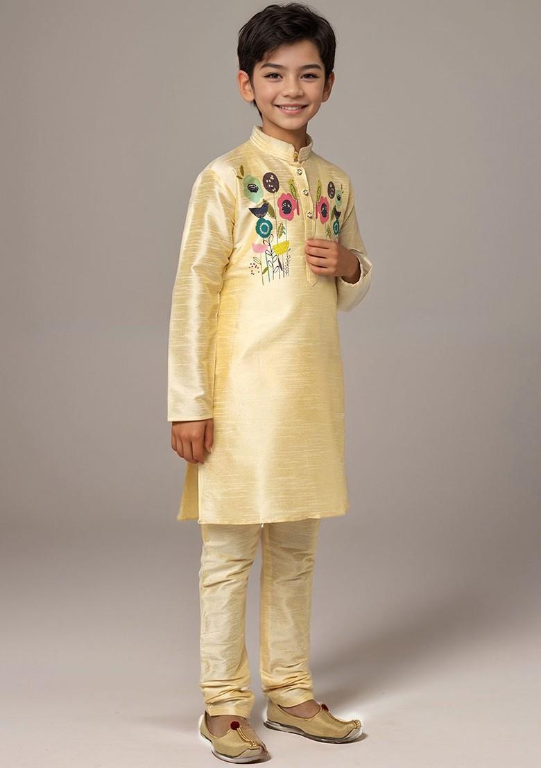 Yellow Printed Silk Kurta Set For Boys - Indya