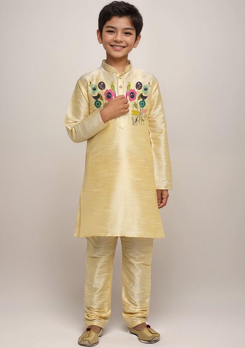 Yellow Printed Silk Kurta Set For Boys - Indya
