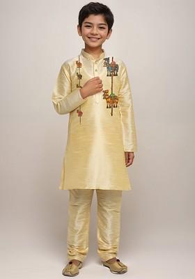 Beige Printed Silk Kurta Set For Boys