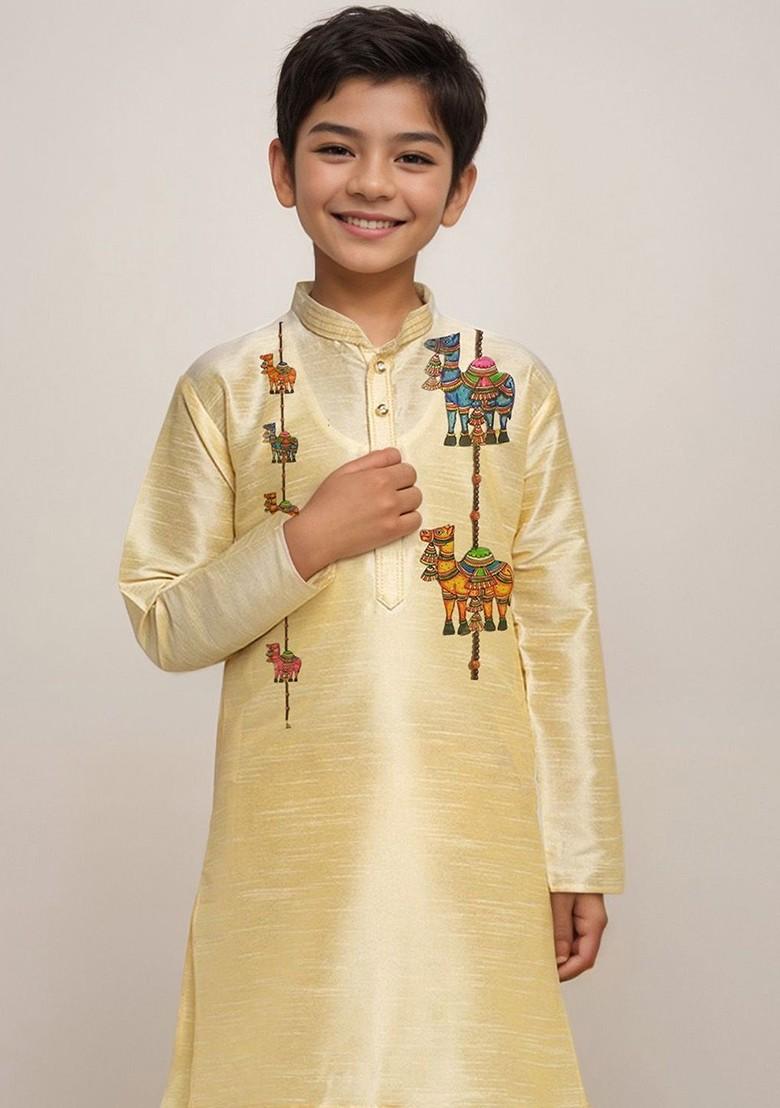 Beige Printed Silk Kurta Set For Boys - Indya