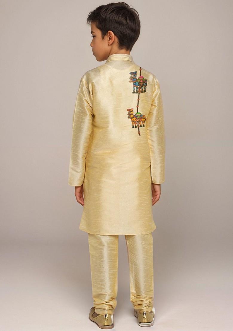 Beige Printed Silk Kurta Set For Boys - Indya