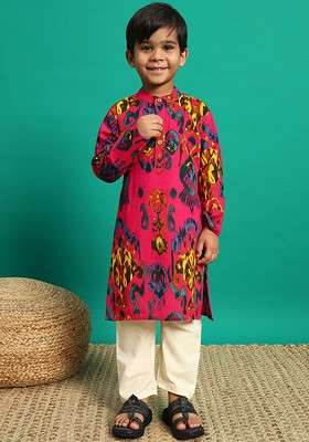 Magenta Printed Cotton Kurta Set For Boys
