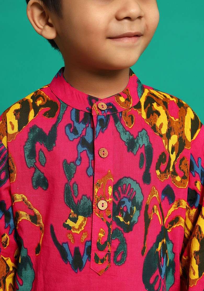 Magenta Printed Cotton Kurta Set For Boys - Indya