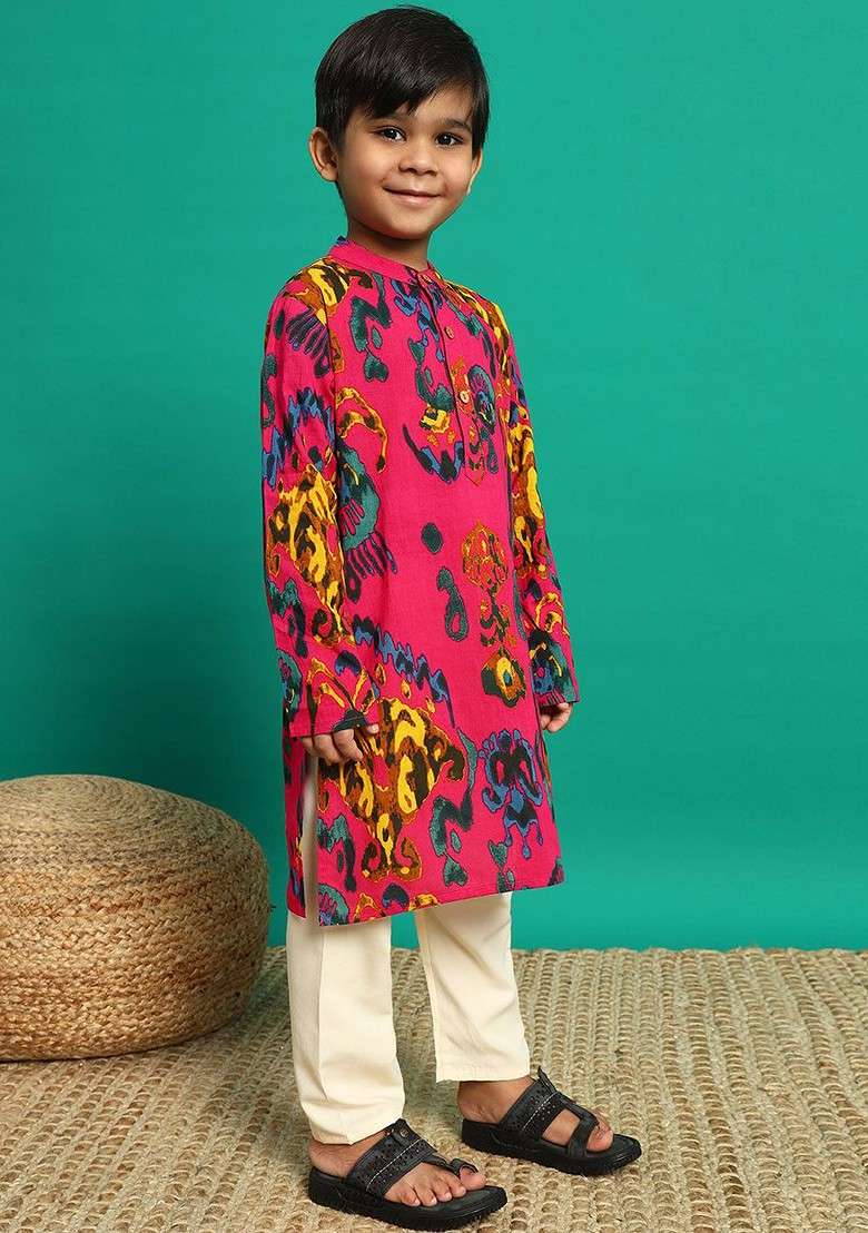 Magenta Printed Cotton Kurta Set For Boys - Indya