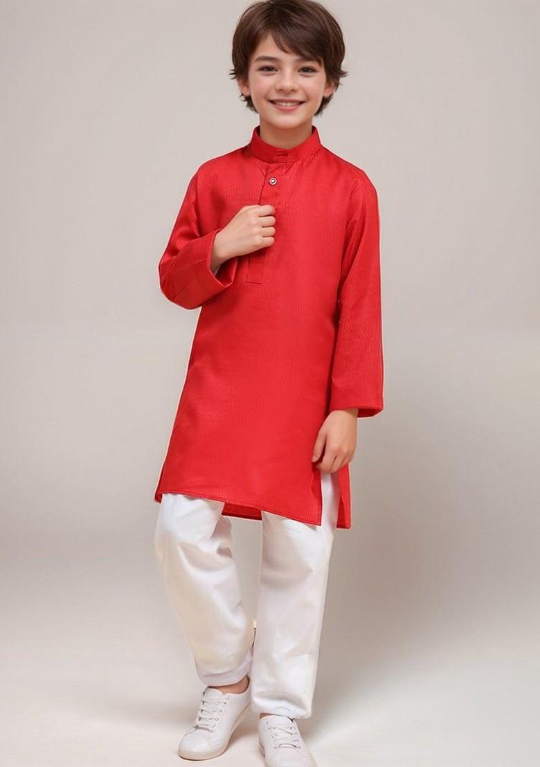 Red Embroidered Blended Kurta Set For Boys - Indya