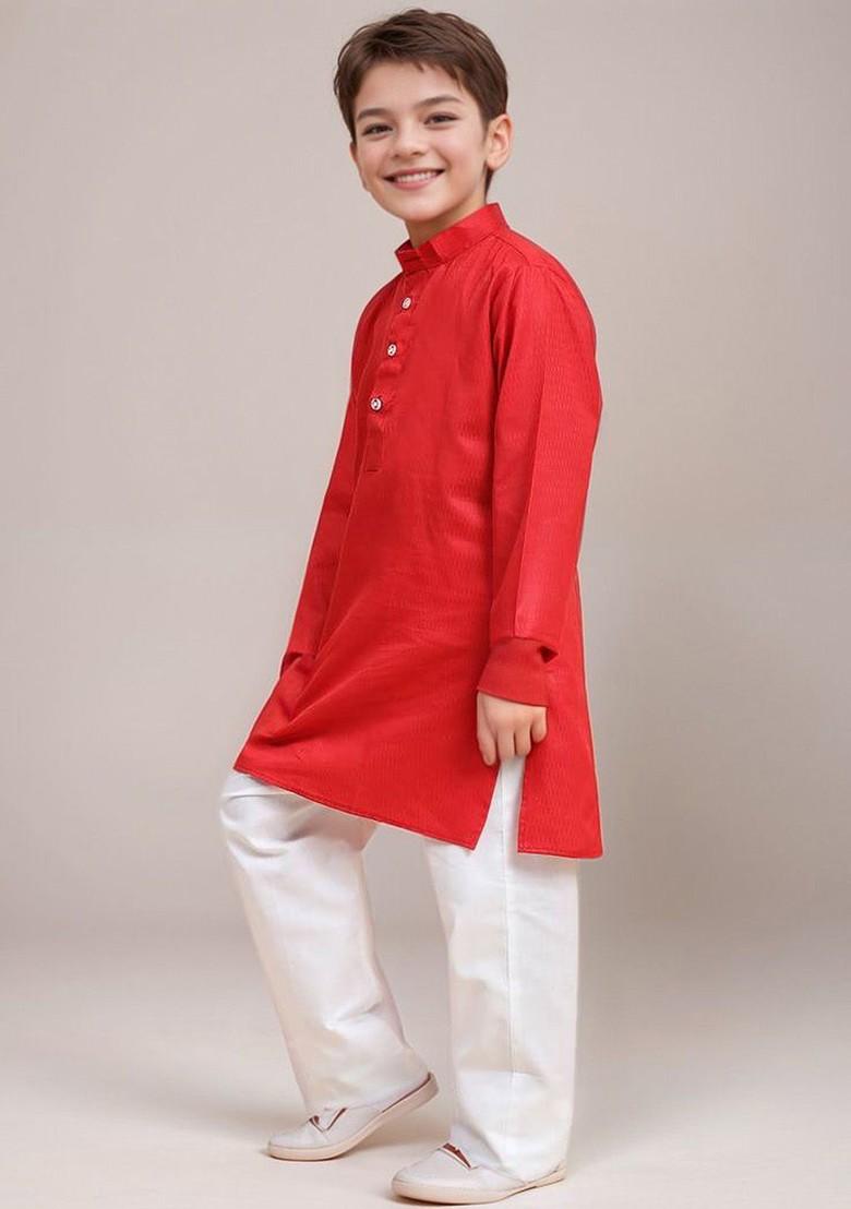 Red Embroidered Blended Kurta Set For Boys - Indya