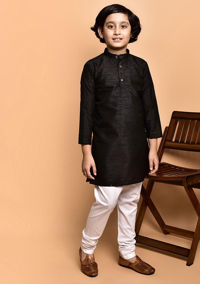 Black Embroidered Blended Kurta Set For Boys - Indya