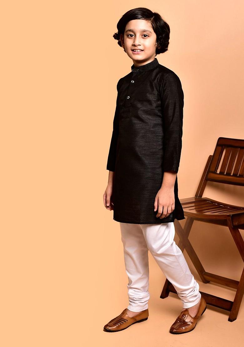 Black Embroidered Blended Kurta Set For Boys - Indya