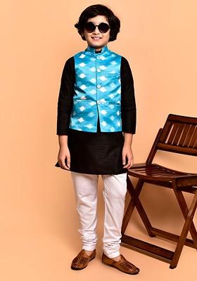 Black Embroidered Blended Nehru Jacket Set For Boys