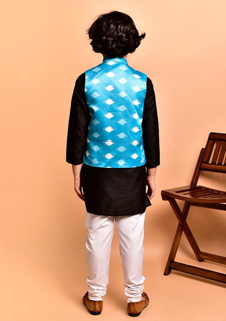 Black Embroidered Blended Nehru Jacket Set For Boys - Indya