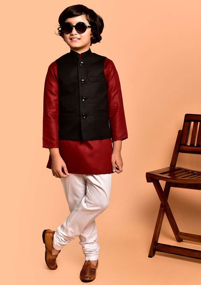 Red Embroidered Blended Nehru Jacket Set For Boys - Indya