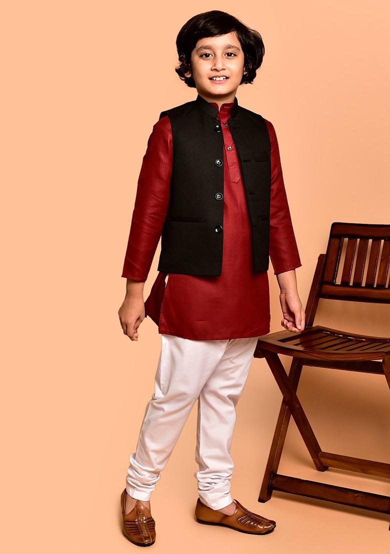Red Embroidered Blended Nehru Jacket Set For Boys - Indya