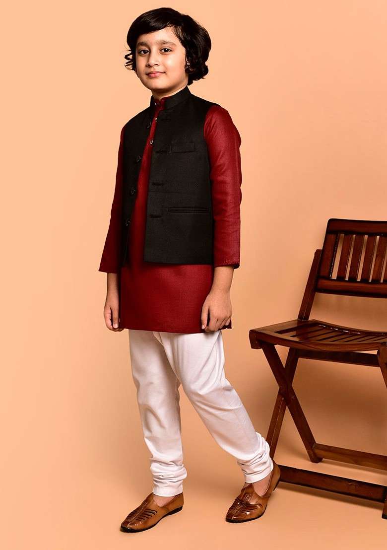 Red Embroidered Blended Nehru Jacket Set For Boys - Indya