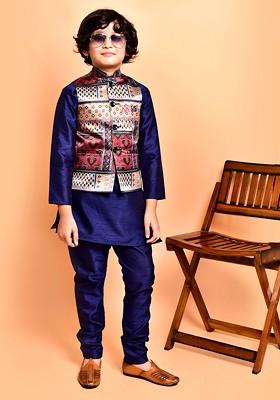 Navy Blue Embroidered Blended Nehru Jacket Set For Boys