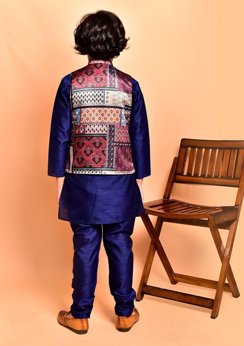 Navy Blue Embroidered Blended Nehru Jacket Set For Boys - Indya