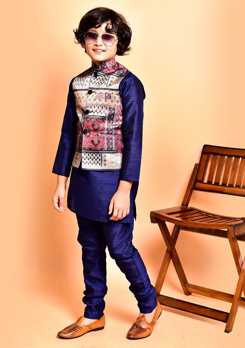 Navy Blue Embroidered Blended Nehru Jacket Set For Boys - Indya