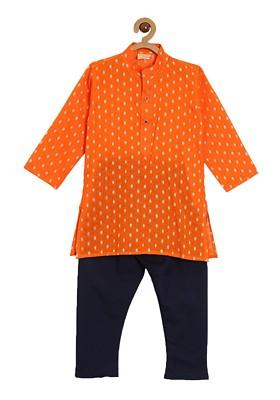 Orange Printed Cotton Kurta Set For Boys