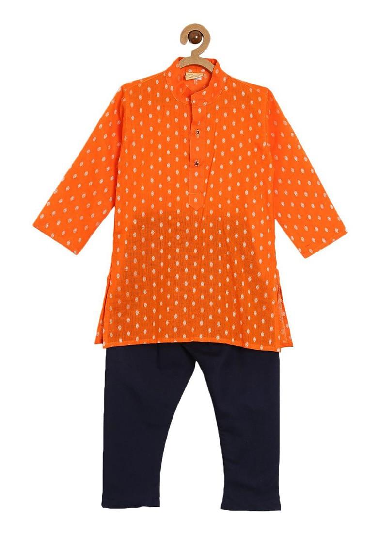 Orange Printed Cotton Kurta Set For Boys - Indya