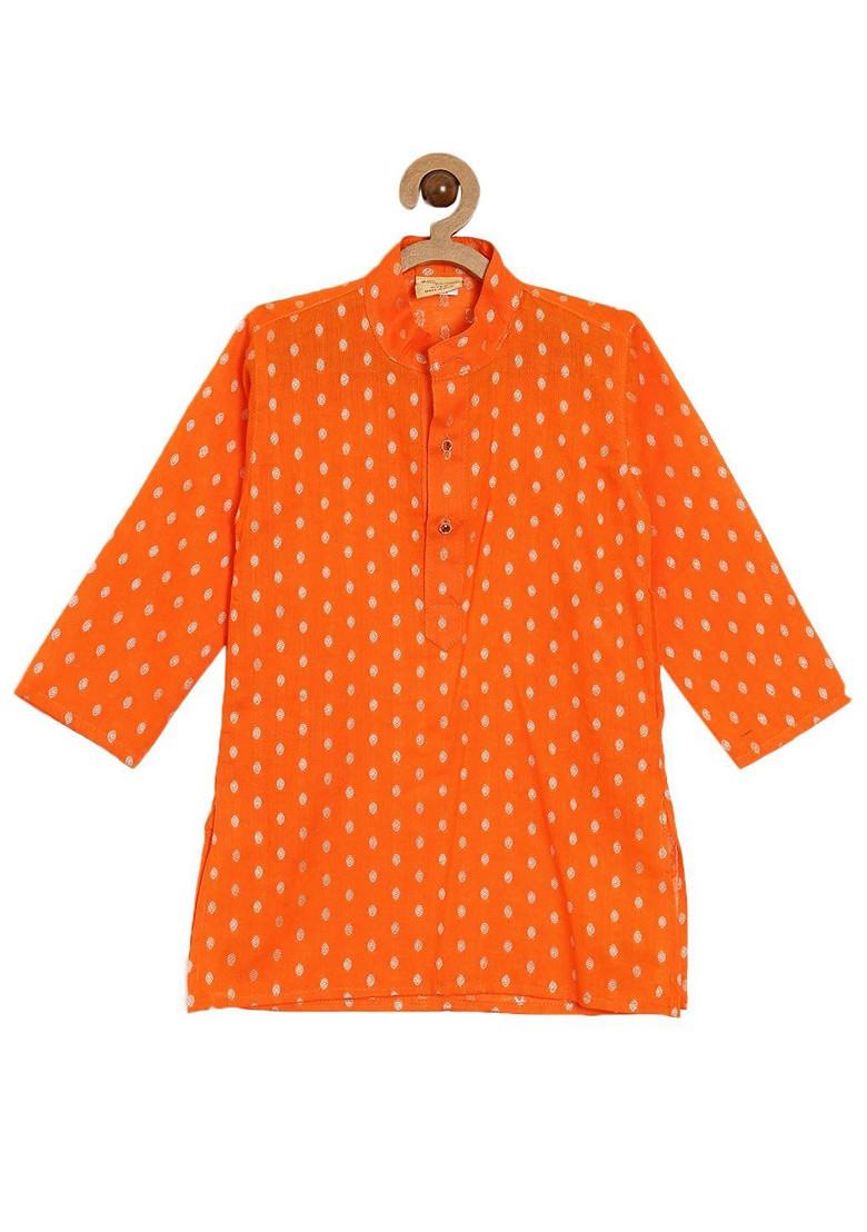 Orange Printed Cotton Kurta Set For Boys - Indya