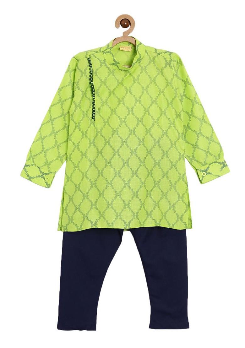 Green Embroidered Cotton Kurta Set For Boys - Indya