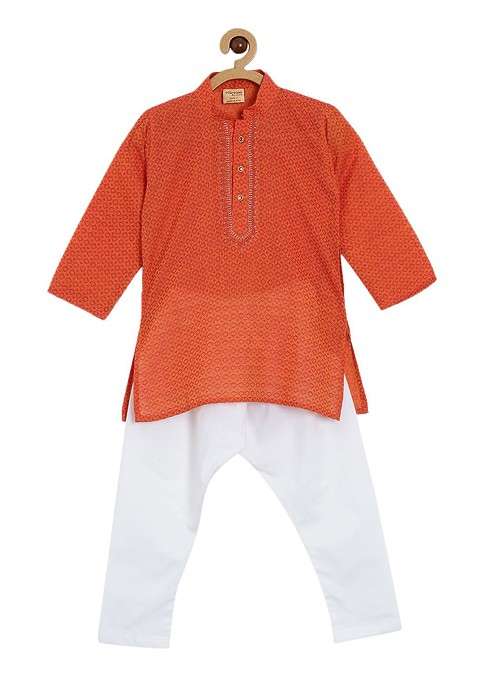 Orange Embroidered Cotton Kurta Set For Boys