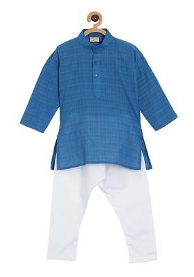 Blue Checked Cotton Kurta Set For Boys