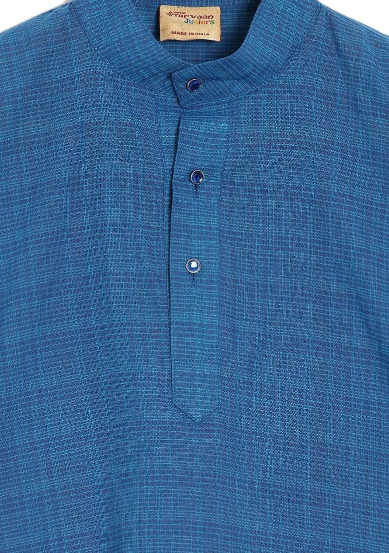 Blue Checked Cotton Kurta Set For Boys - Indya