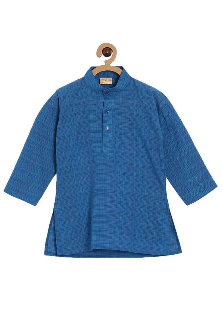 Blue Checked Cotton Kurta Set For Boys - Indya