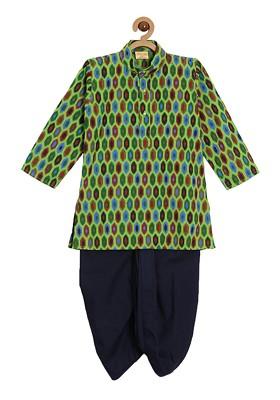 Green Printed Cotton Kurta Dhoti Set For Boys