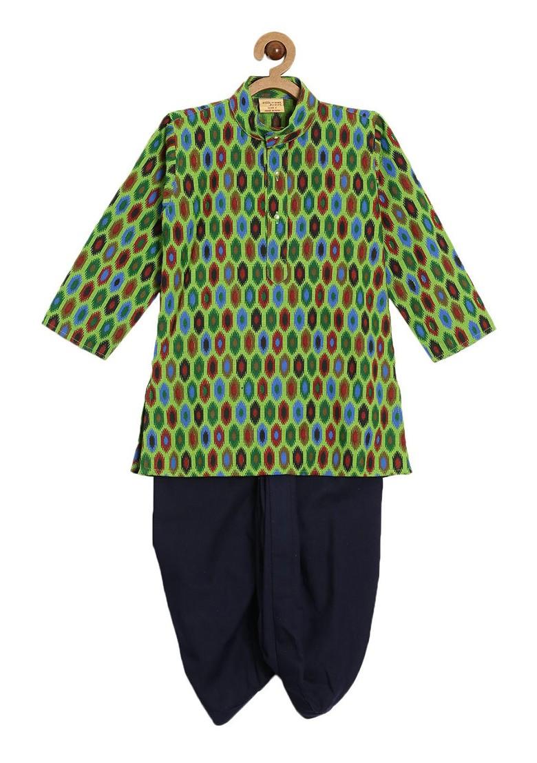 Green Printed Cotton Kurta Dhoti Set For Boys - Indya