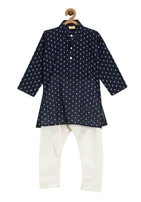 Navy Blue Printed Cotton Kurta Set For Boys