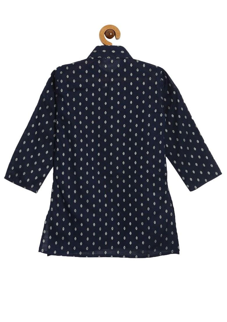Navy Blue Printed Cotton Kurta Set For Boys - Indya