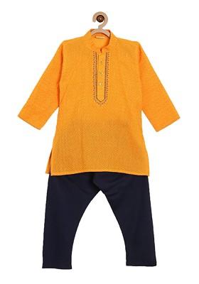 Yellow Embroidered Cotton Kurta Set For Boys