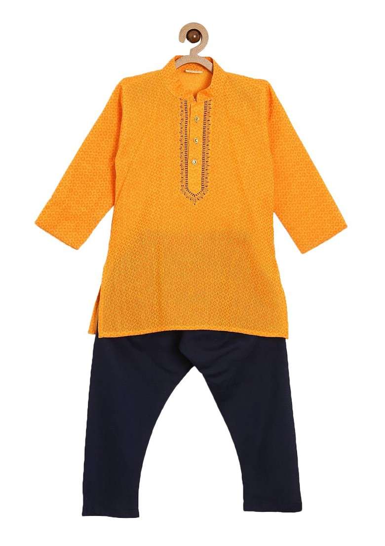Yellow Embroidered Cotton Kurta Set For Boys - Indya