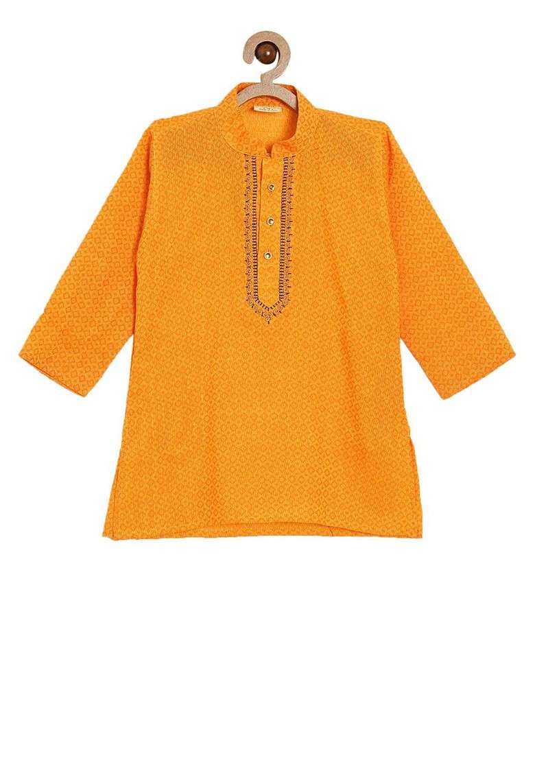 Yellow Embroidered Cotton Kurta Set For Boys - Indya