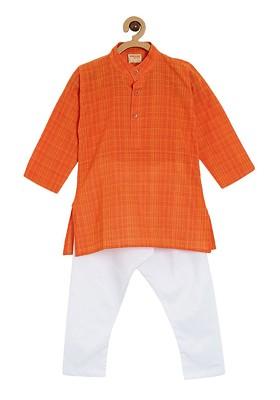 Orange Embroidered Cotton Kurta Set For Boys