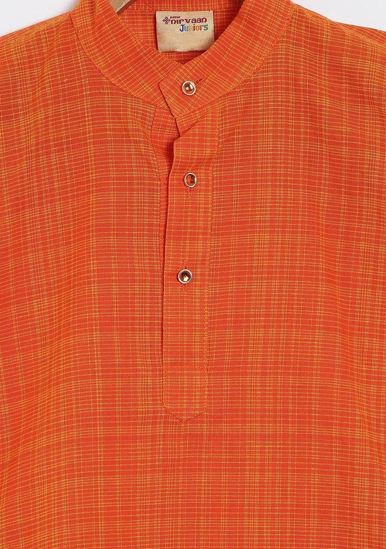 Orange Embroidered Cotton Kurta Set For Boys - Indya