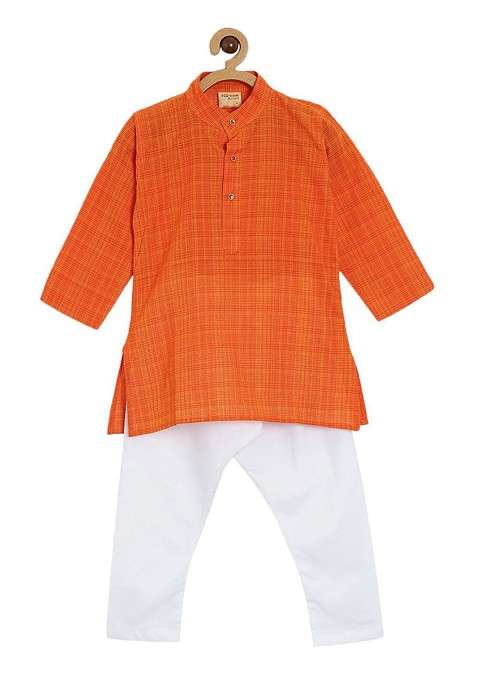 Orange Embroidered Cotton Kurta Set For Boys