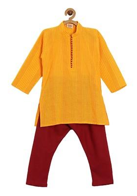 Orange Embroidered Cotton Kurta Set For Boys