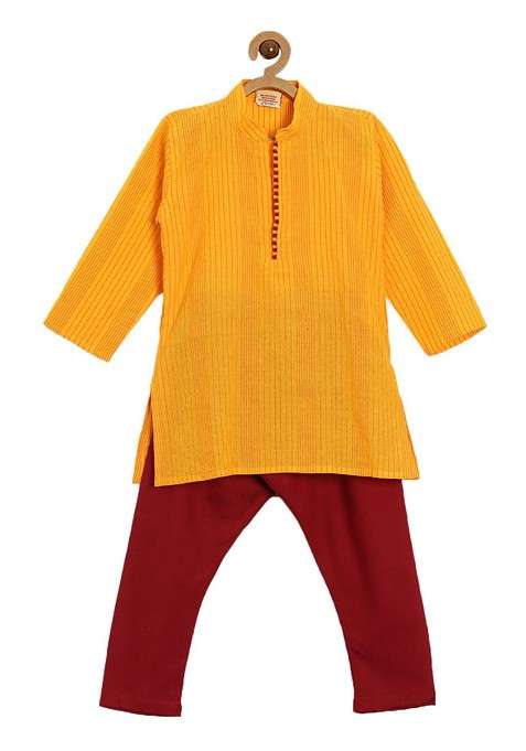 Orange Embroidered Cotton Kurta Set For Boys