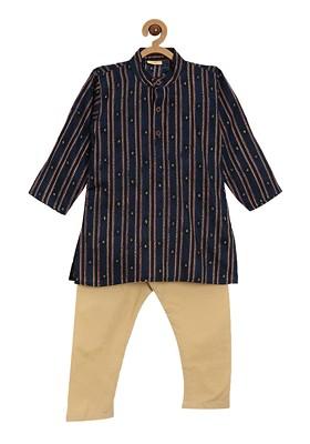 Navy Blue Printed Cotton Kurta Set For Boys