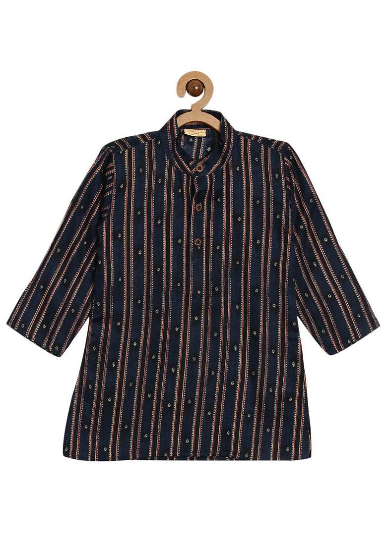 Navy Blue Printed Cotton Kurta Set For Boys - Indya