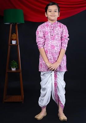 Pink Printed Blended Kurta Dhoti Set For Boys