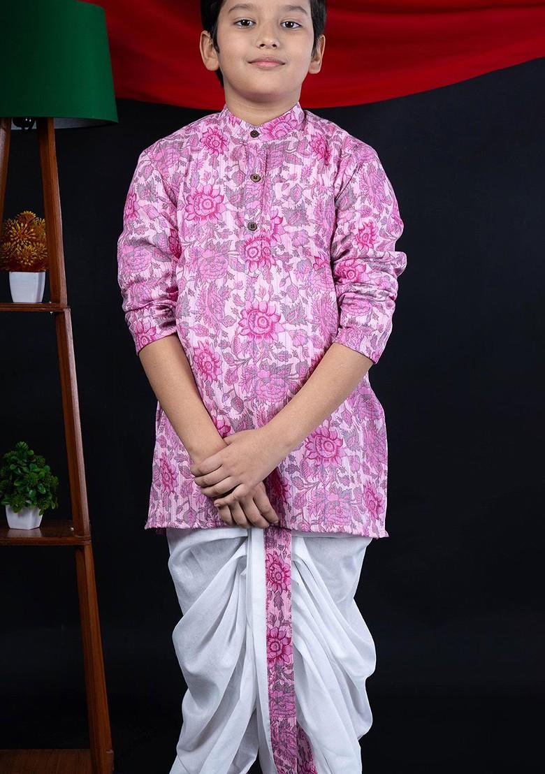 Pink Printed Blended Kurta Dhoti Set For Boys - Indya