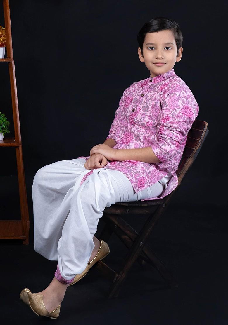 Pink Printed Blended Kurta Dhoti Set For Boys - Indya