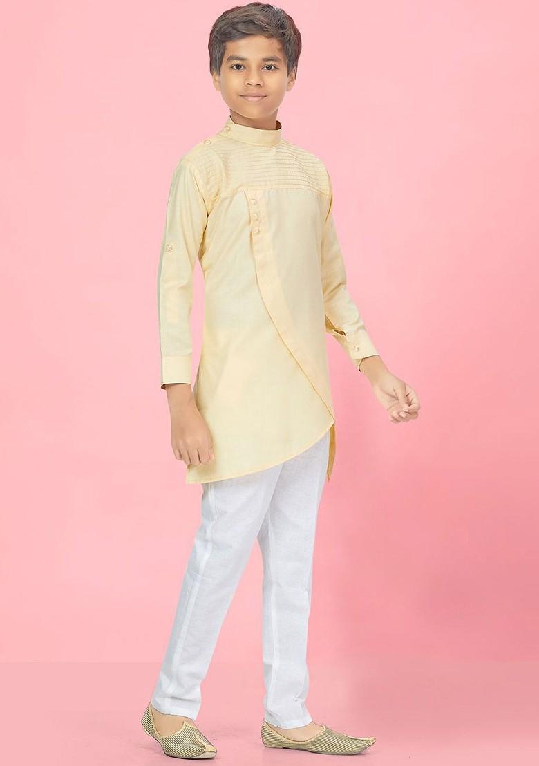 Cream Embroidered Cotton Kurta Set For Boys - Indya