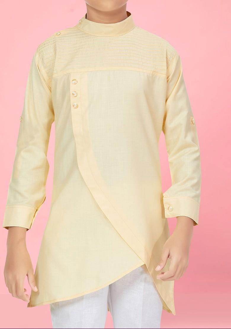 Cream Embroidered Cotton Kurta Set For Boys - Indya