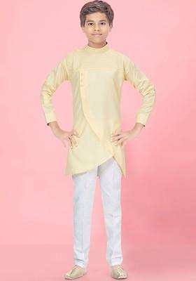 Cream Solid Cotton Kurta Set For Boys